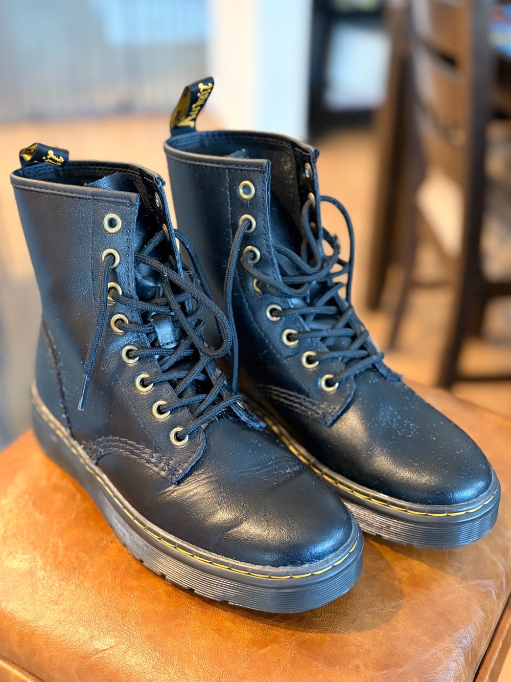 Dr. Martens Black Lace-Up Zavala Boots with Yellow Stitching